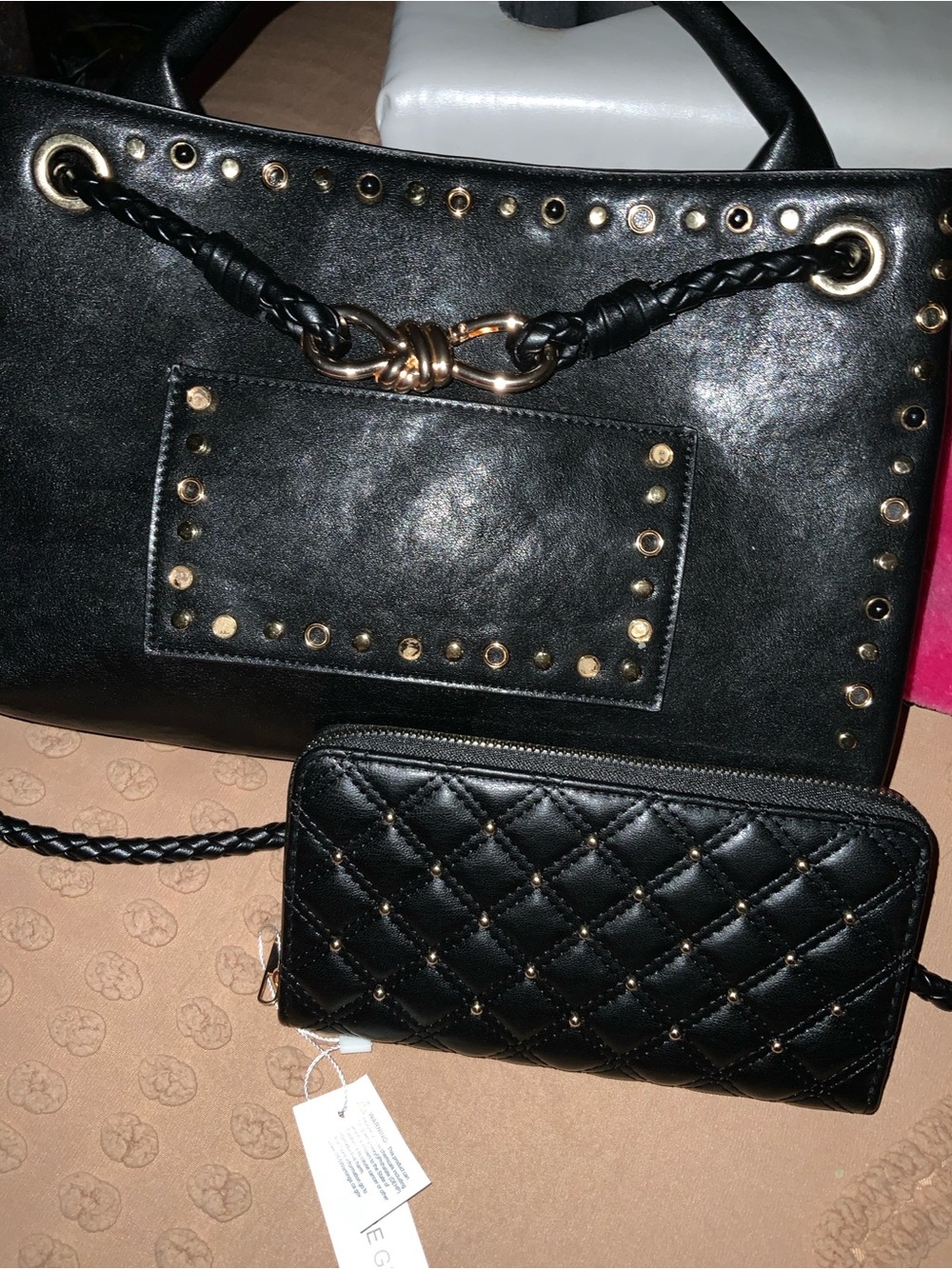 Black Studded Women's Tote and Quilted Wallet Set